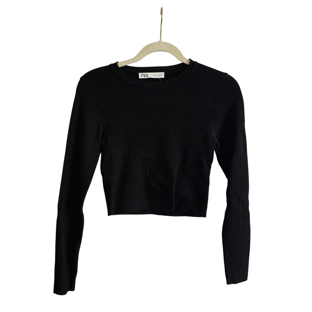 Zara Cropped Top Women Medium Black Ribbed Knit Long Sleeve Crewneck